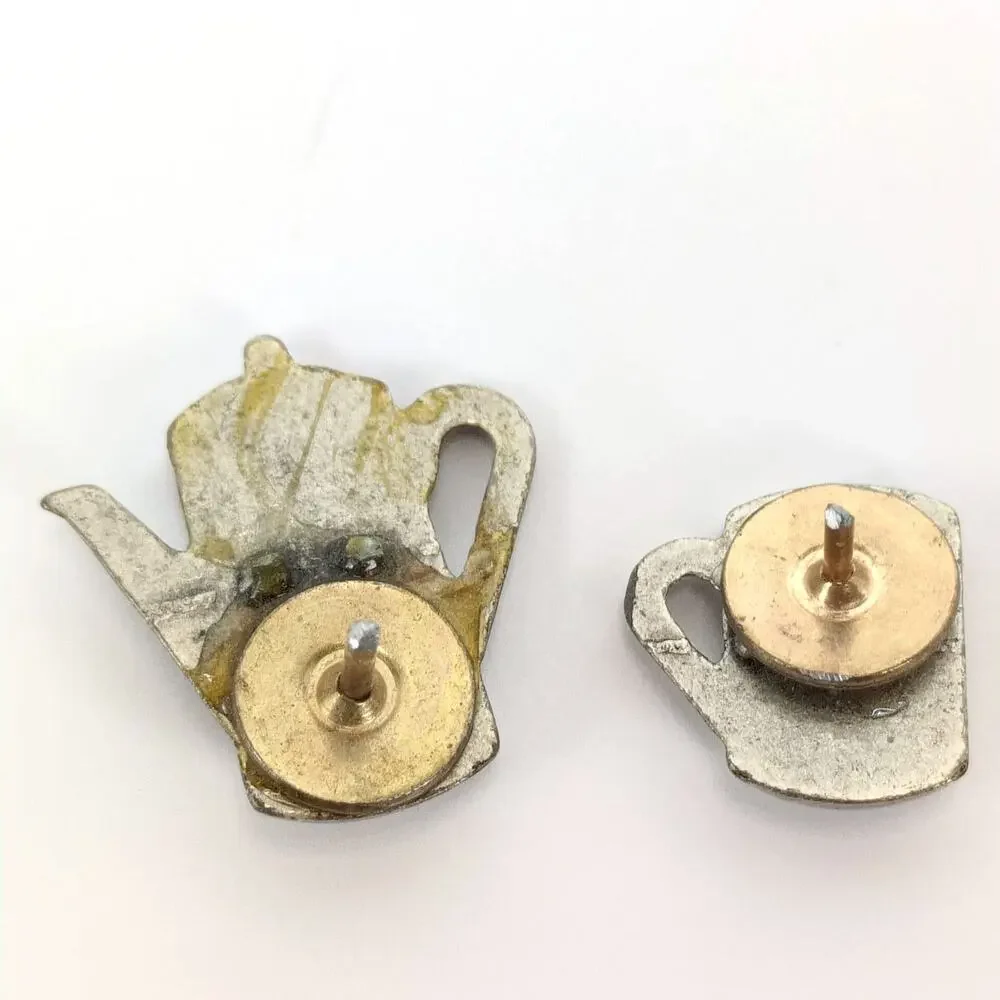 Set of 2 Pewter Coffee Tea Pot‎ & Cup Lapel Tack Pins, Converted Buttons, Star
